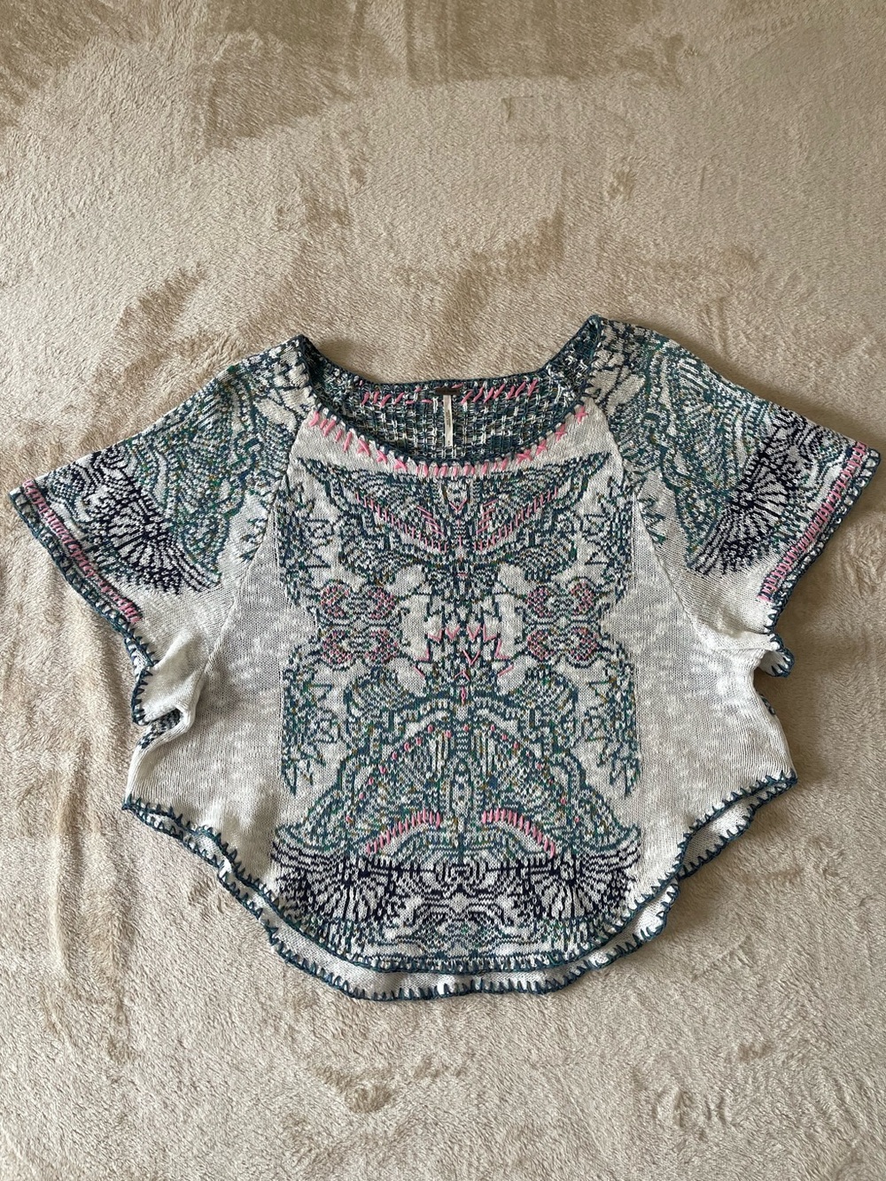 Free People Womens S Cropped Knit Sweater Top Boho Printed Whipstitch